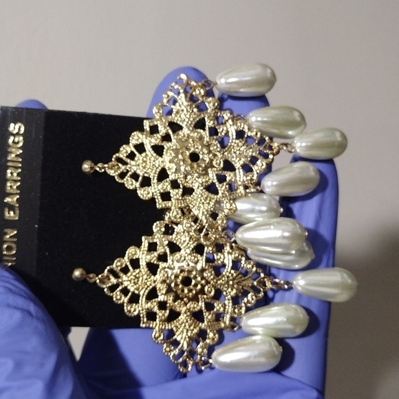 Women's Gold-tone Diamond Shape Filigree Design Beaded Drop Dangle Earrings, #4 - Picture 3 of 5